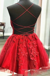 A Line V Neck Short Red Lace Semi Formal Prom Dresses, Short Red Lace Formal Homecoming Dresses